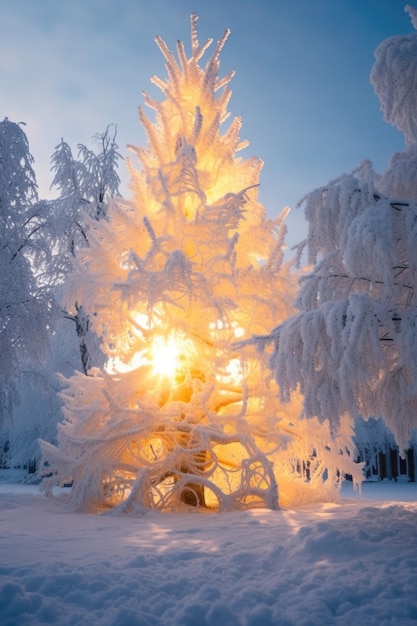 Árbol de navidad cubierto de nieve con luces brillantes creado con ai generativo