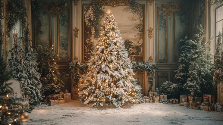 Un árbol de Navidad cubierto de nieve rodeado de regalos en una elegante habitación con temática invernal