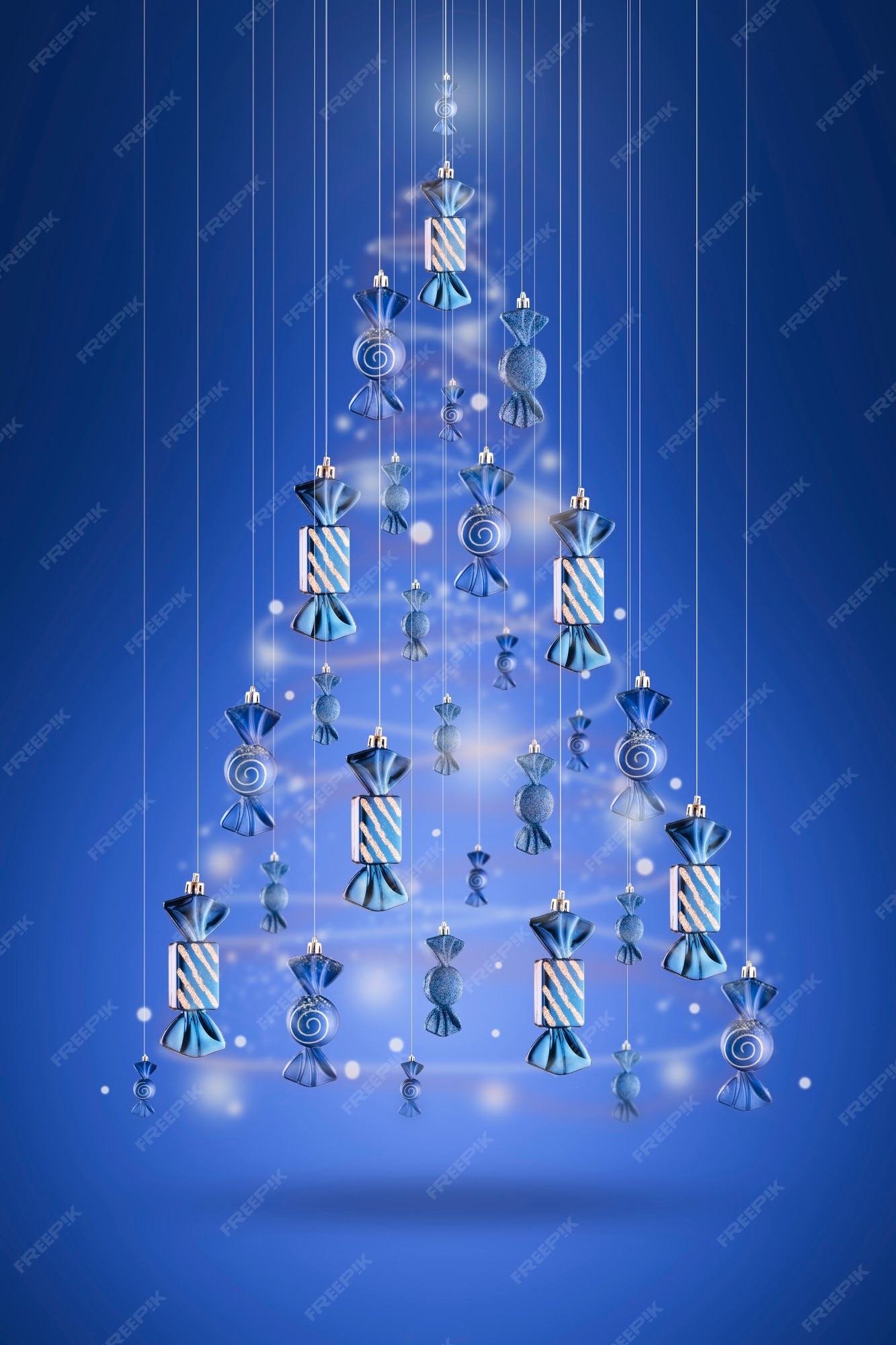 Árbol de navidad de cuento de hadas hecho de juguetes de dulces navideños en una pared azul. | Foto Premium Árbol de navidad de cuento de hadas hecho de juguetes de dulces navideños en una pared azul. | Foto Premium