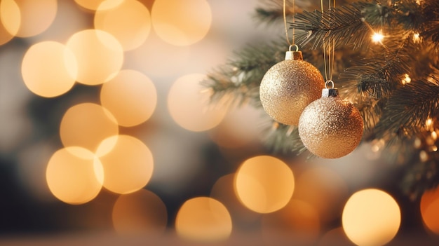 Árbol de Navidad con decoración de adornos dorados sobre fondo borroso con espacio de copia para vacaciones