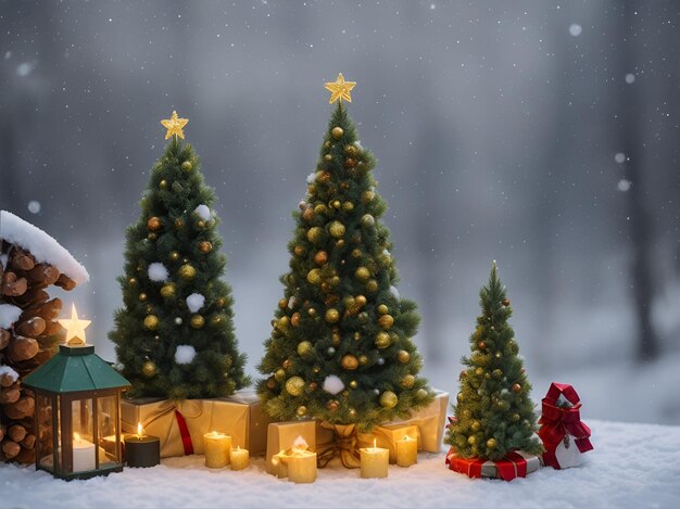 Un árbol de Navidad con decoraciones de año nuevo, guirnaldas y vela bokeh en llamas.