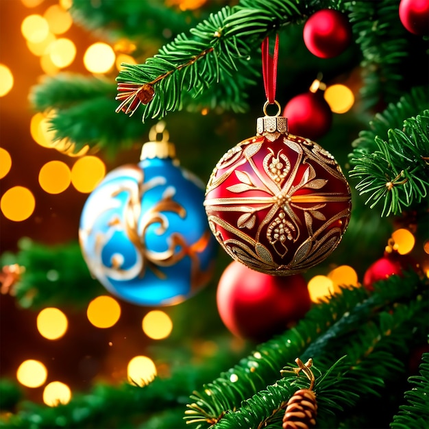 Un árbol de Navidad decorado con adornos y guirnaldas antiguos HD HUD Ultra 4k Fine Focus
