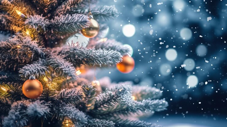 Árbol de Navidad decorado con bolas de oro y copos de nieve telón de fondo navideño