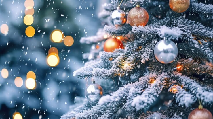 Árbol de Navidad decorado con bolas de oro y copos de nieve telón de fondo navideño