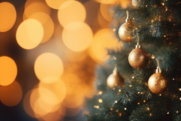 Foto Árbol de navidad decorado con bolas de oro espacio de copia de bokeh borroso de oro