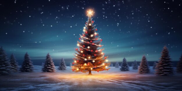 árbol de Navidad decorado en el bosque de invierno por la noche IA generativa