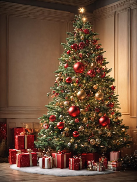 Foto un árbol de navidad decorado con cajas de regalos alrededor de su base