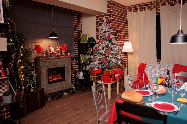 Árbol de navidad decorado cerca de la chimenea, mesa servida festiva, preparaciones tradicionales de vacaciones de invierno. decoración navideña en el interior de la habitación de lujo, cálida luz de velas por la noche