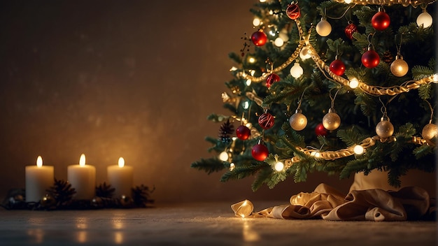 Un árbol de Navidad decorado contra un fondo oscuro