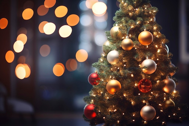 Árbol de Navidad decorado en fondo borroso