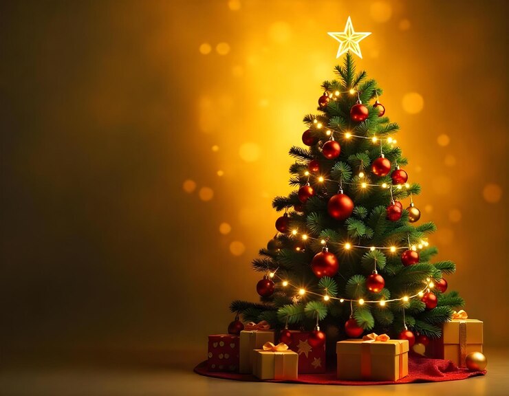 Árbol de Navidad decorado en fondo dorado