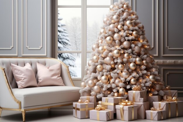 Un árbol de Navidad decorado en una habitación Ilustración IA generativa