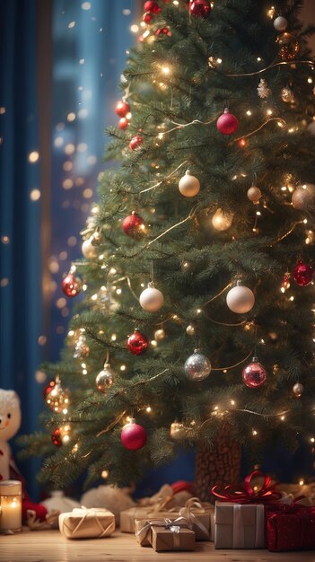 Foto Árbol de navidad decorado con luces de fondo bokeh