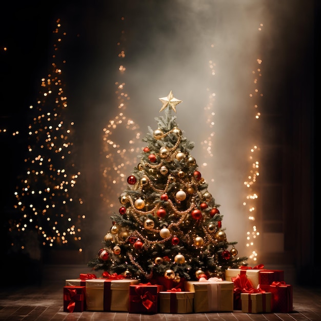 Un árbol de navidad decorado con luces y regalos.