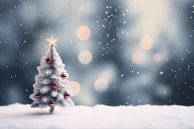 Un árbol de Navidad decorado en miniatura sobre la nieve.