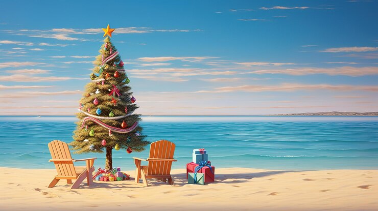 Árbol de navidad decorado en la playa ai generativo