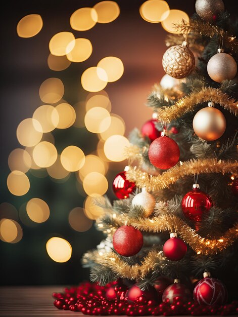 Foto Árbol de navidad decorado con telón de fondo navidad