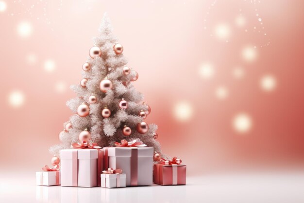 Foto Árbol de navidad decorativo con bolas en fondo rosa composición brillante de cajas de regalos regalos blancos