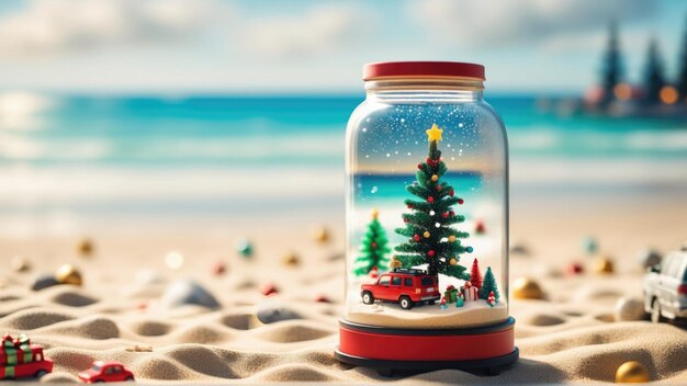 Foto Árbol de navidad dentro de una jarra de vidrio en la arena de la playa