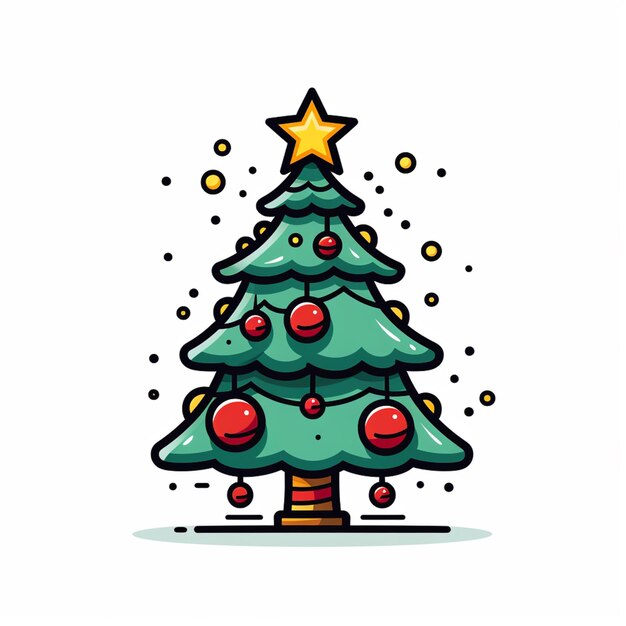 un árbol de Navidad de dibujos animados con bolas y estrellas en la parte superior