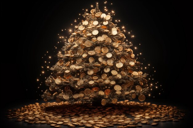 Foto Árbol de navidad dorado y brillante con monedas