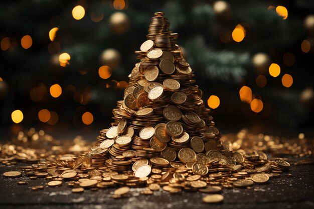 Foto Árbol de navidad dorado y brillante con monedas