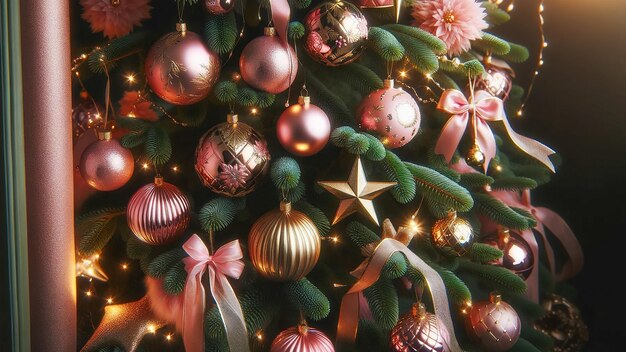 Árbol de Navidad dorado sobre un vívido fondo festivo rojo El árbol está decorado