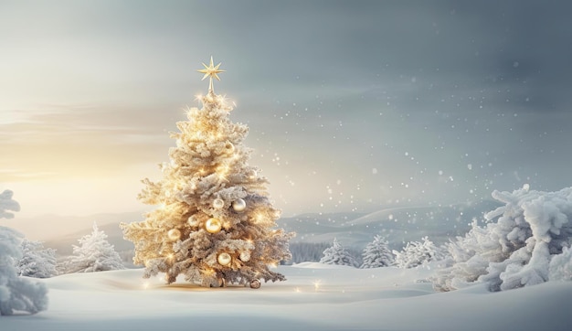 un árbol de Navidad se encuentra en la nieve con árboles cubiertos de nieve en el estilo de suave