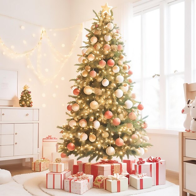 Foto Árbol de navidad en un entorno festivo con decoración festiva