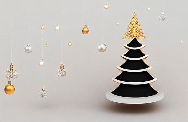 Árbol de Navidad de esmalte dorado y negro con joyas perlas en fondo gris