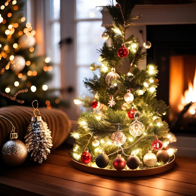 Un árbol de navidad está decorado con adornos y luces junto a una chimenea.