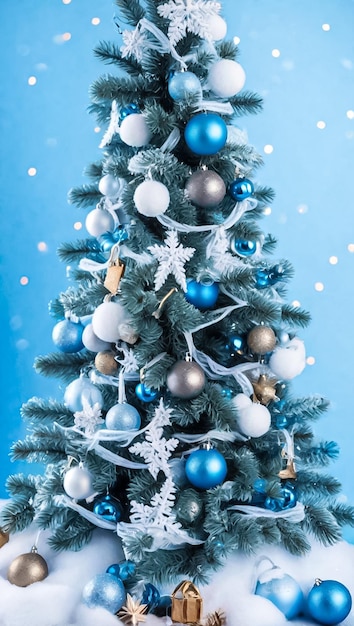 El árbol de Navidad está decorado con juguetes. Árbol de Navidad sobre un fondo azul generado por IA.