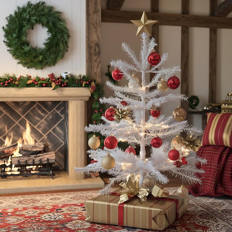 un árbol de Navidad está delante de una chimenea con una chimenea