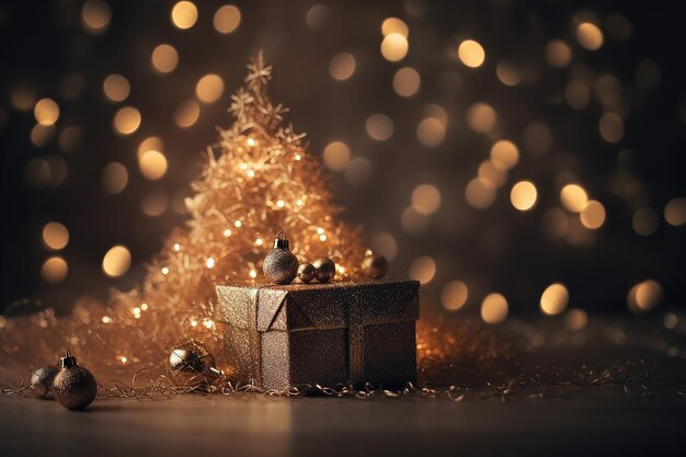 Un árbol de navidad está detrás de una caja de regalo con un fondo dorado y la palabra navidad en él.
