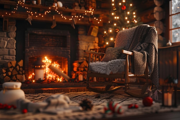 un árbol de Navidad está en el fondo de una chimenea