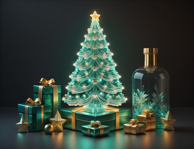Un árbol de navidad está frente a una botella con luces y una botella de alcohol.
