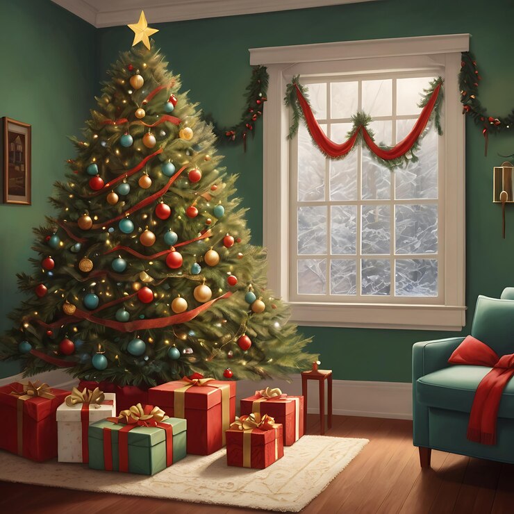 un árbol de Navidad está en una habitación con un árbol de navidad y una ventana