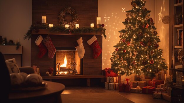 Un árbol de Navidad está iluminado por una chimenea.