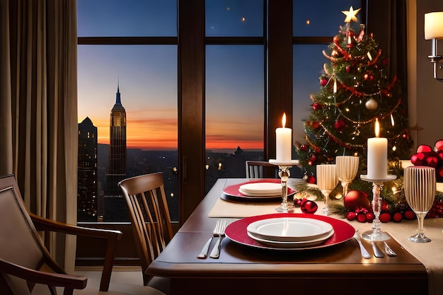 Un árbol de navidad está iluminado frente a una ventana con un árbol de navidad en el fondo.