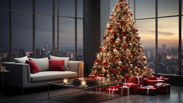 Un árbol de Navidad está iluminado en una habitación con vista a la ciudad.