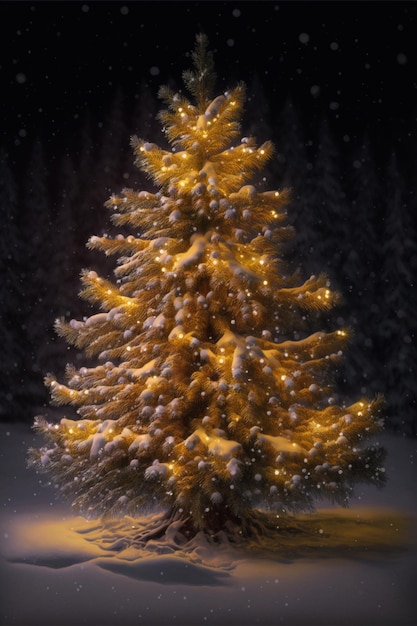 El árbol de navidad está iluminado en la nieve generativa ai.