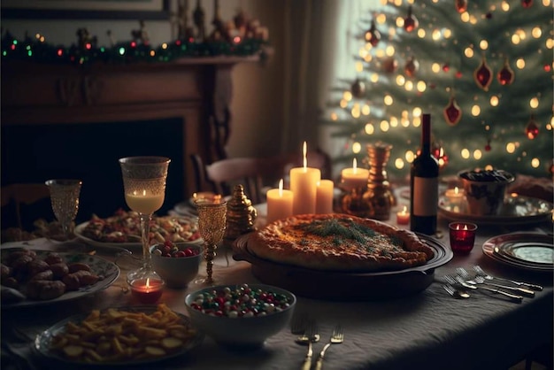 Un árbol de Navidad está iluminado con velas y un plato de comida con una pizza.