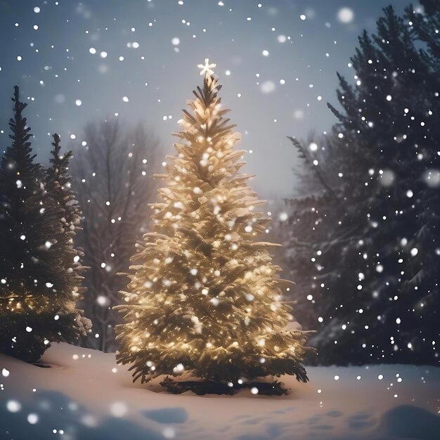 un árbol de Navidad está en la nieve con un copo de nieve en él