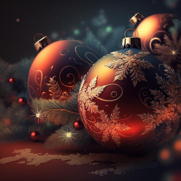 Un árbol de navidad está en primer plano con una bola de navidad roja y dorada en primer plano.