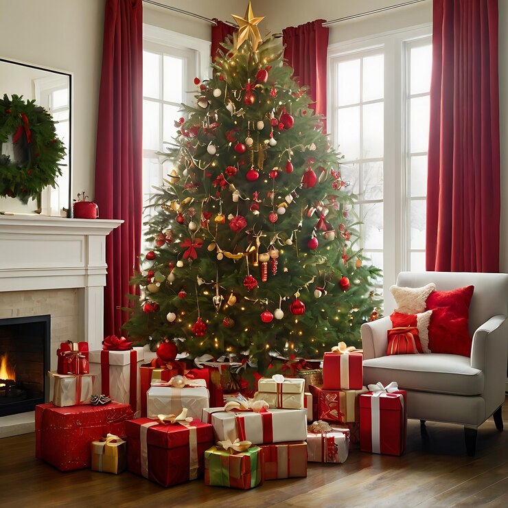 un árbol de Navidad está en una sala de estar con regalos
