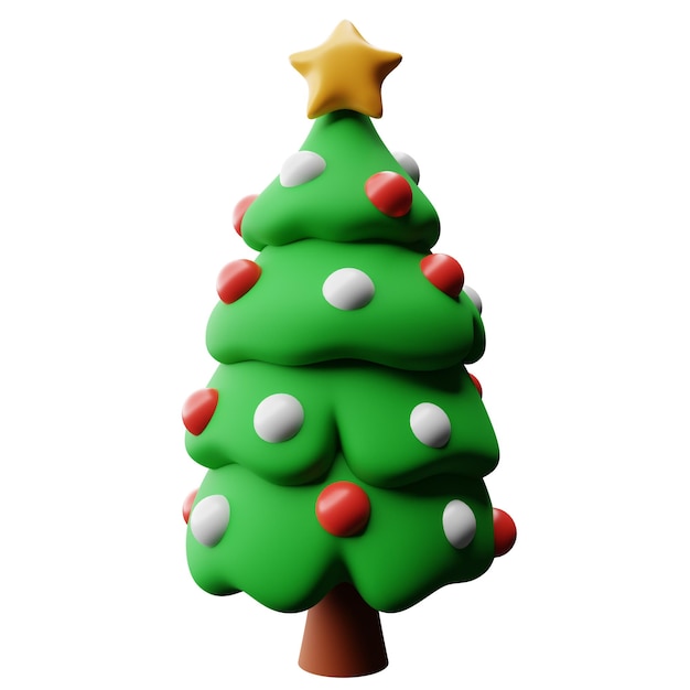 Árbol de navidad con estrella y bola 3d renderizado ilustración estilo de dibujos animados decoración navideña