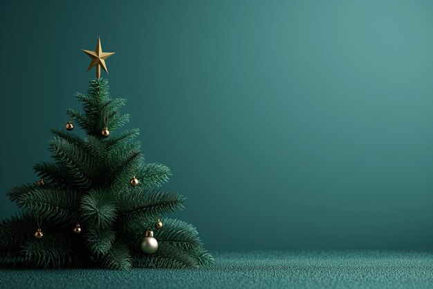 Un árbol de Navidad con una estrella dorada en la parte superior se encuentra frente a una pared verde con un fondo de espacio vacío