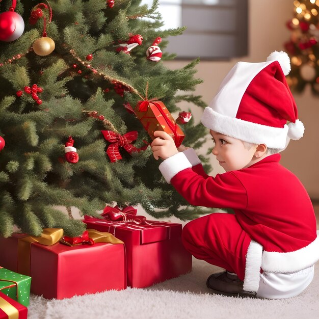 Foto Árbol de navidad con estrella dorada y santa claus habitación roja ilustración vectorial feliz navidad y