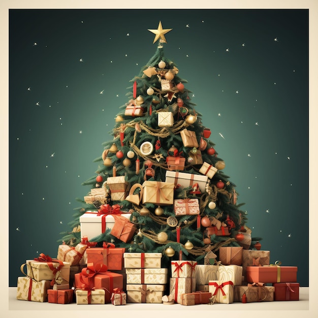 un árbol de navidad con una estrella está rodeado de regalos