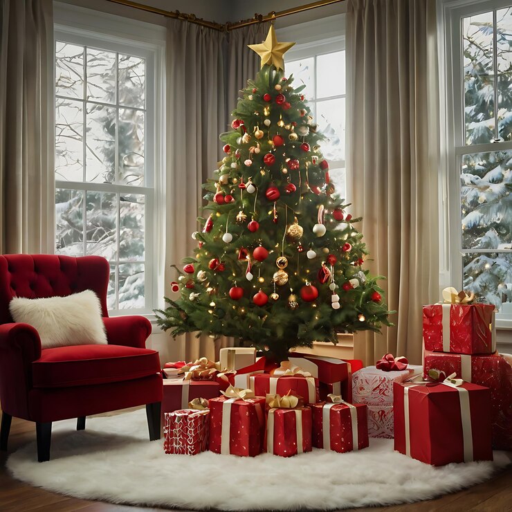 un árbol de Navidad con una estrella roja en él